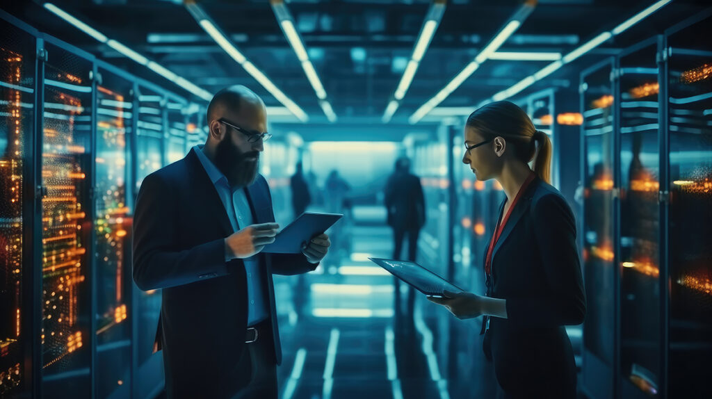 Two cybersecurity professionals collaborating surrounded by computer servers