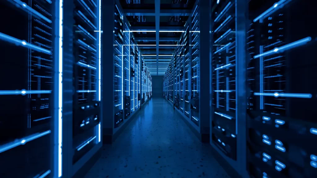 A photo of a server room representing data security services