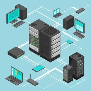 Network design graphic showing modems routers and computers connected